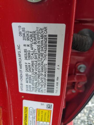 1HGCV2F34KA033772 - 2019 HONDA ACCORD SPORT RED photo 12