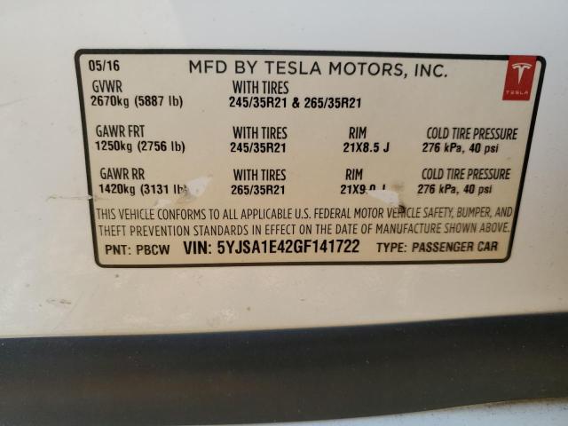 5YJSA1E42GF141722 - 2016 TESLA MODEL S Սպիտակ լուսանկար 12
