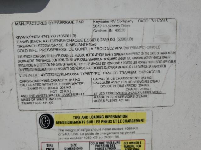 4YDT32427KB450664 - 2019 KEYSTONE OUTBACK WHITE photo 10