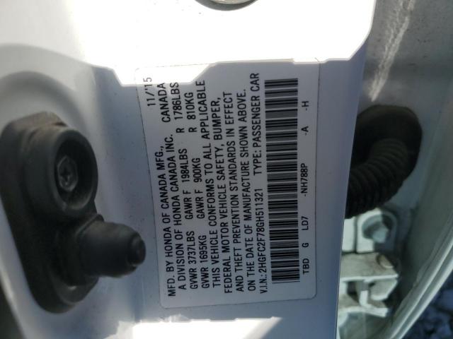 2HGFC2F78GH511321 - 2016 HONDA CIVIC EX WHITE photo 12