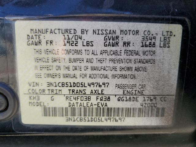 3N1CB51D05L497697 - 2005 NISSAN SENTRA 1.8 BLACK photo 12