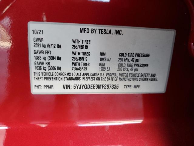 5YJYGDEE9MF297335 - 2021 TESLA MODEL Y RED photo 13