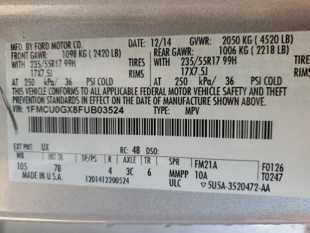 1FMCU0GX8FUB03524 - 2015 FORD ESCAPE SE SILVER photo 12