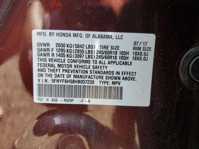 5FNYF6H58HB057239 - 2017 HONDA PILOT EXL BURGUNDY photo 13