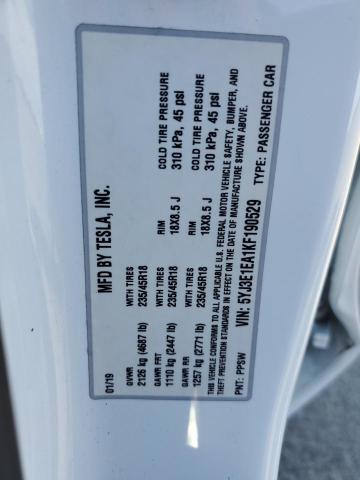 5YJ3E1EA1KF190529 - 2019 TESLA MODEL 3 თეთრი ფოტო 12