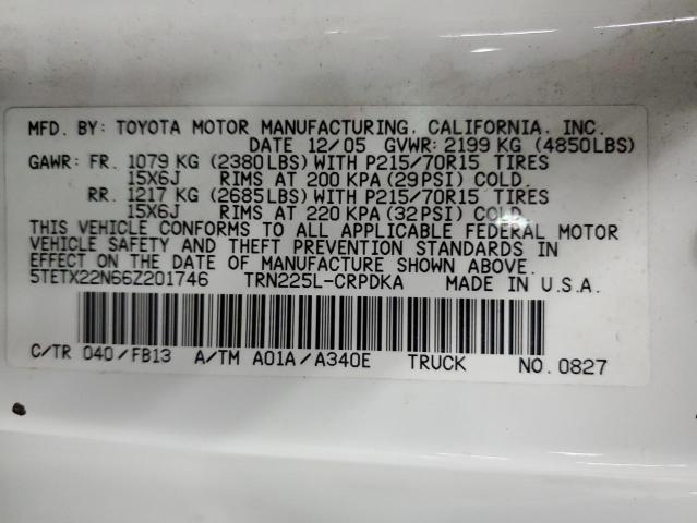 5TETX22N66Z201746 - 2006 TOYOTA TACOMA ACCESS CAB თეთრი ფოტო 12