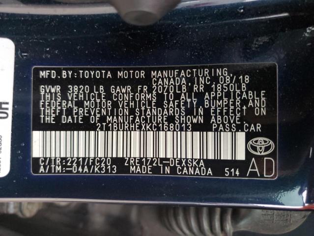 2T1BURHEXKC168013 - 2019 TOYOTA COROLLA L BLUE photo 12