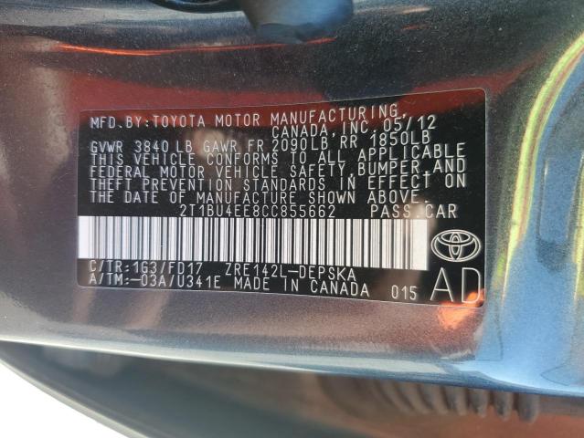 2T1BU4EE8CC855662 - 2012 TOYOTA COROLLA BASE ნაცრისფერი ფოტო 13