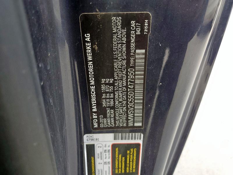 WMWSV3C55DT477950 - 2013 MINI COOPER S ნაცრისფერი ფოტო 13