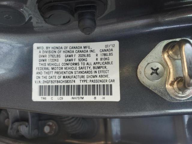 2HGFB2F84CH583574 - 2012 HONDA CIVIC EX GRAY photo 12