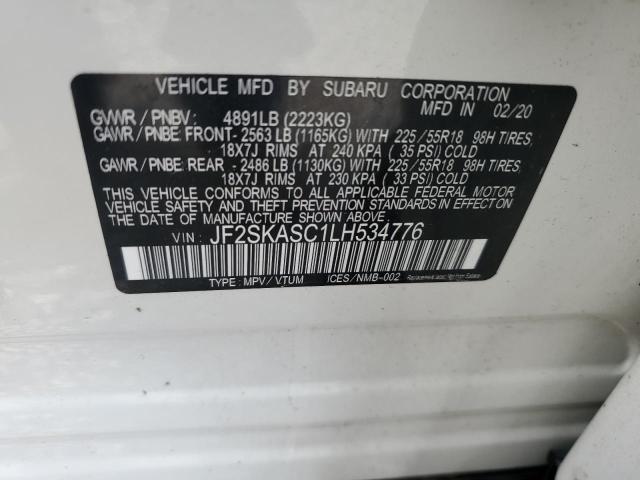 JF2SKASC1LH534776 - 2020 SUBARU FORESTER LIMITED WHITE photo 13