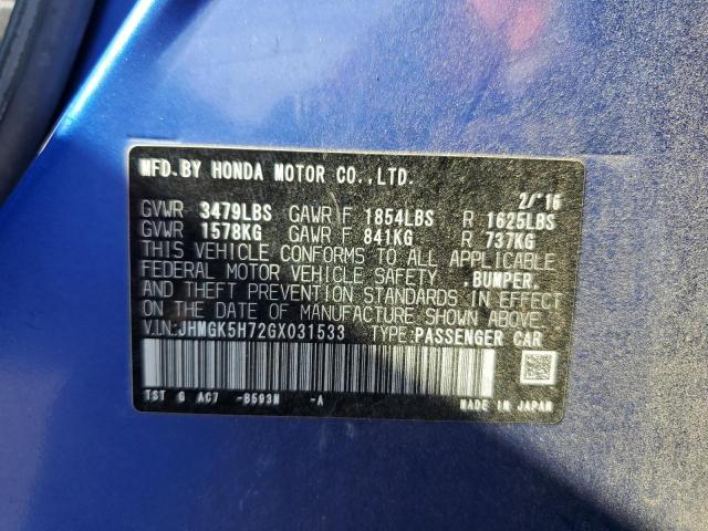 JHMGK5H72GX031533 - 2016 HONDA FIT EX ლურჯი ფოტო 12