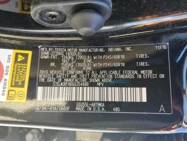 5TDJKRFH6GS354886 - 2016 TOYOTA HIGHLANDER XLE Қара фото 12