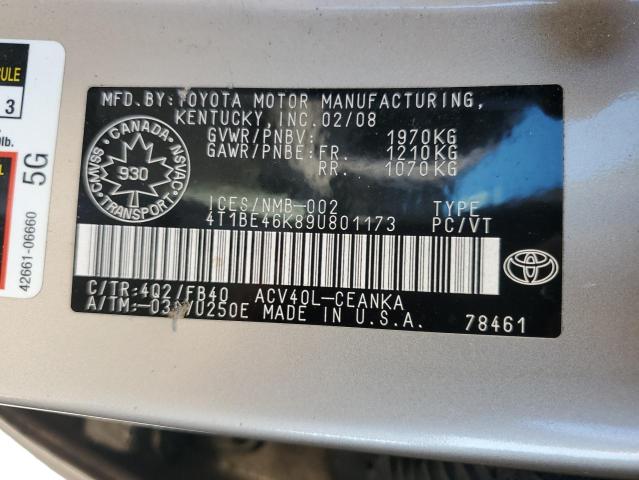 4T1BE46K89U801173 - 2009 TOYOTA CAMRY BASE بيج صورة 12