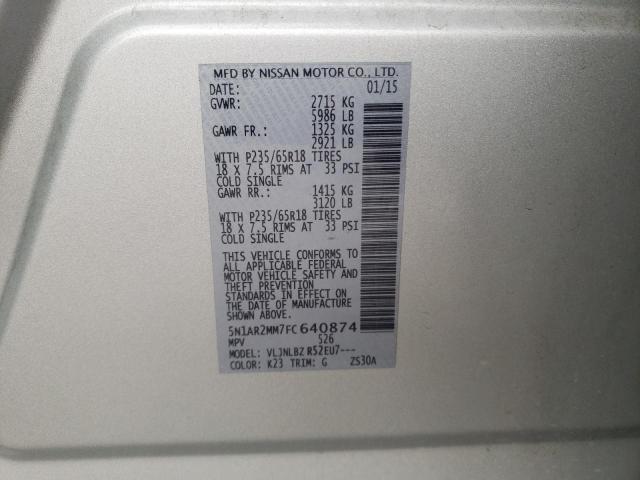 5N1AR2MM7FC640874 - 2015 NISSAN PATHFINDER S SILVER photo 13