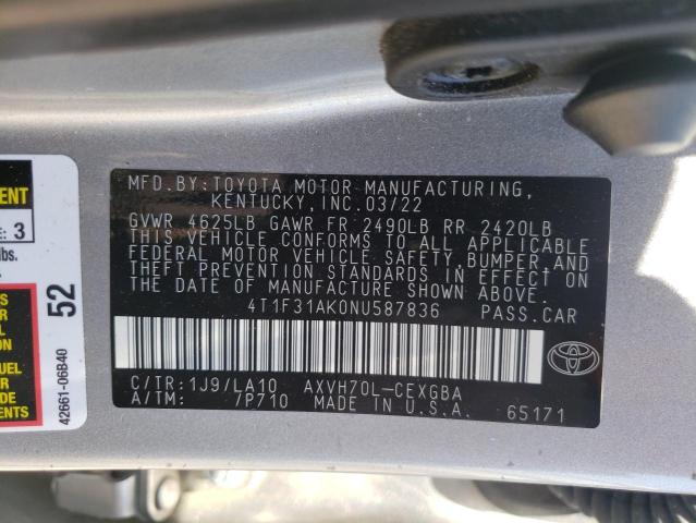 4T1F31AK0NU587836 - 2022 TOYOTA CAMRY XLE 银色 照片 12