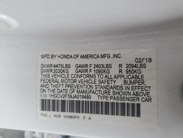 1HGCV2F59JA019480 - 2018 HONDA ACCORD EXL 白色 照片 12