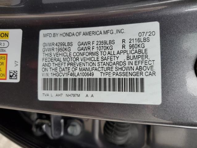 1HGCV1F46LA100649 - 2020 HONDA ACCORD EX GRAY photo 12