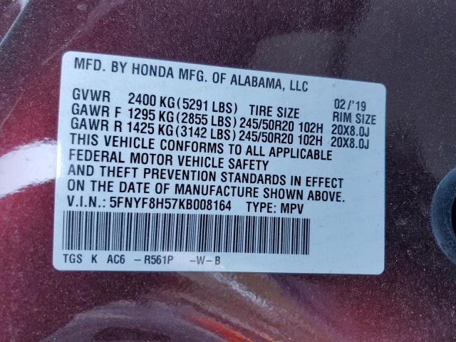 5FNYF8H57KB008164 - 2019 HONDA PASSPORT EXL Бордовий фото 14