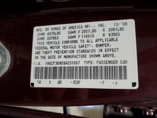 1HGCP36809A031667 - 2009 HONDA ACCORD EXL RED photo 12