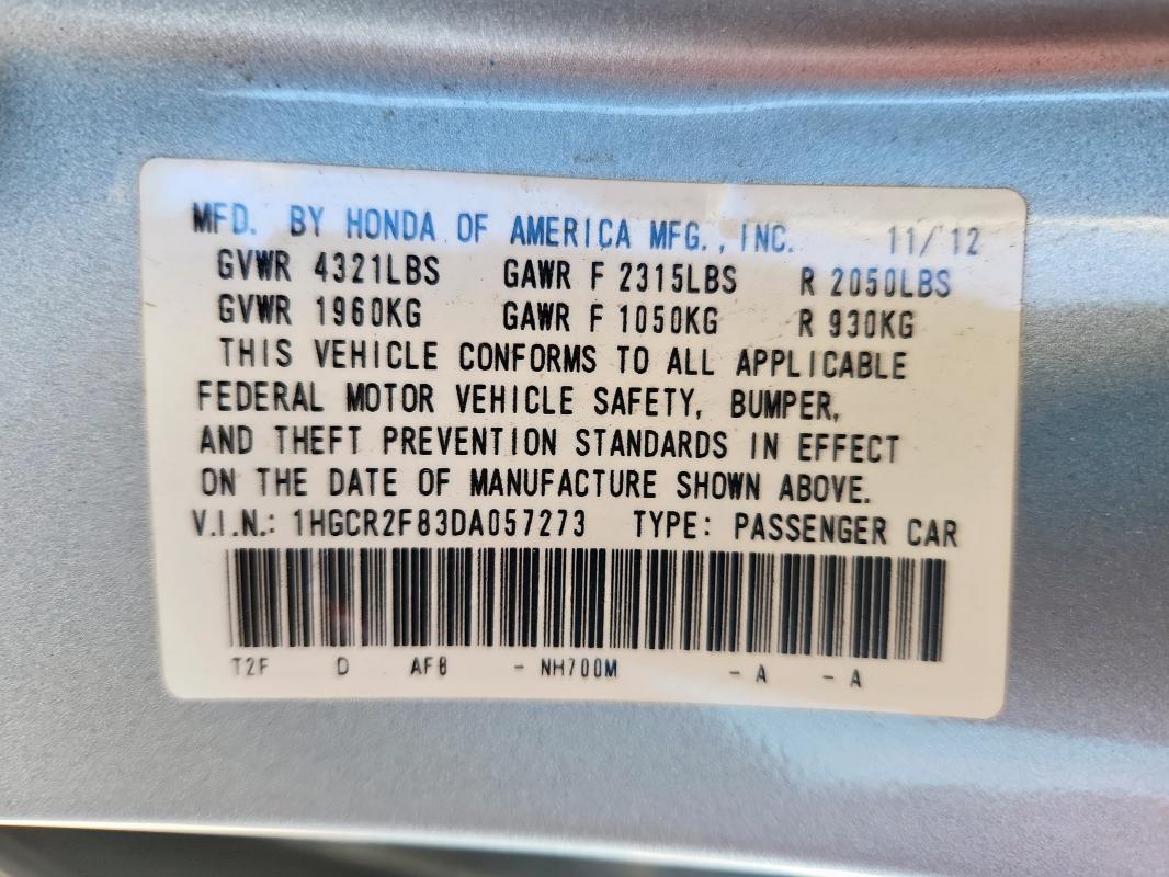 1HGCR2F83DA057273 - 2013 HONDA ACCORD EXL SILVER photo 13