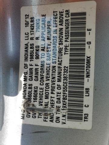 19XFB2F55CE387322 - 2012 HOND CIVIC LX ვერცხლისფერი ფოტო 12