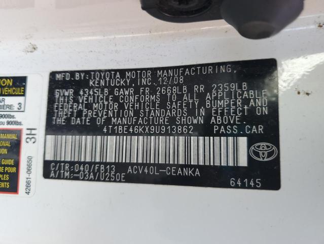 4T1BE46KX9U913862 - 2009 TOYOTA CAMRY BASE WHITE photo 13