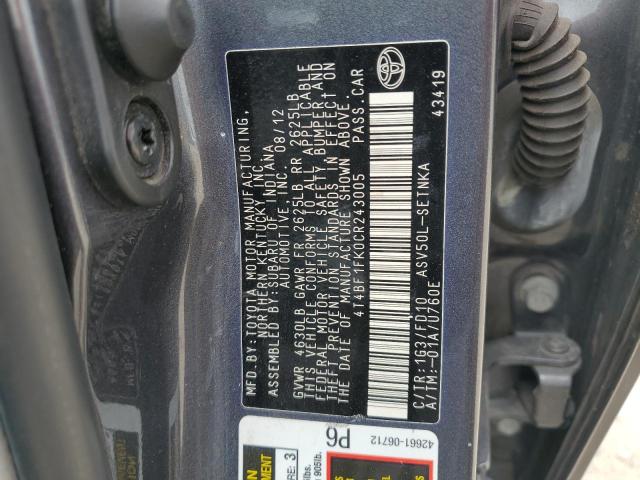 4T4BF1FK0CR243005 - 2012 TOYOTA CAMRY BASE GRAY photo 12