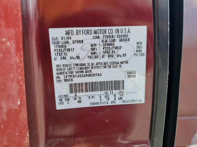 1FTPX14554NB20763 - 2004 FORD F150 BURGUNDY photo 12