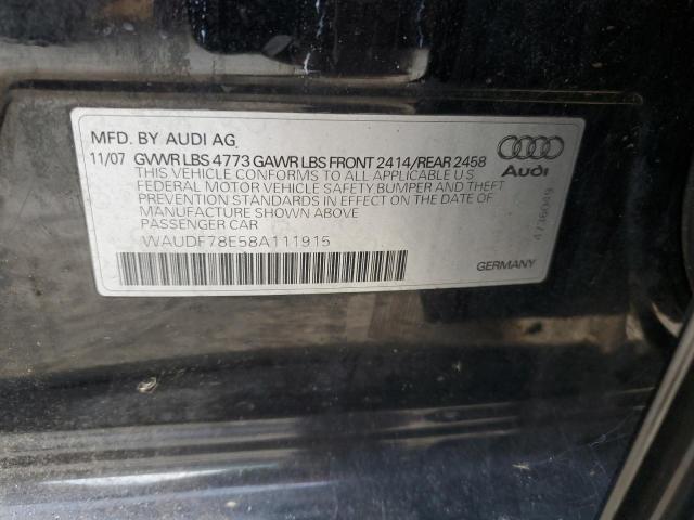 WAUDF78E58A111915 - 2008 AUDI A4 2.0T QUATTRO BLACK photo 12