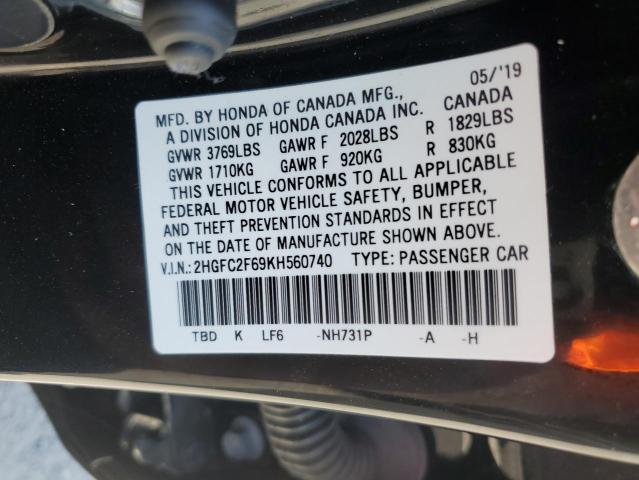 2HGFC2F69KH560740 - 2019 HONDA CIVIC LX BLACK photo 12
