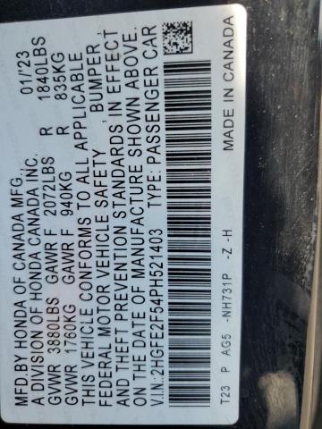 2HGFE2F54PH521403 - 2023 HONDA CIVIC SPORT أسود صورة 12