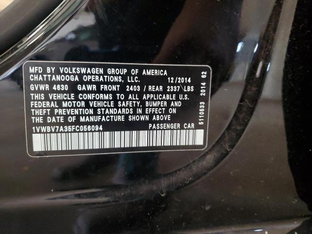 1VWBV7A35FC056094 - 2015 VOLKSWAGEN PASSAT SE BLACK photo 12
