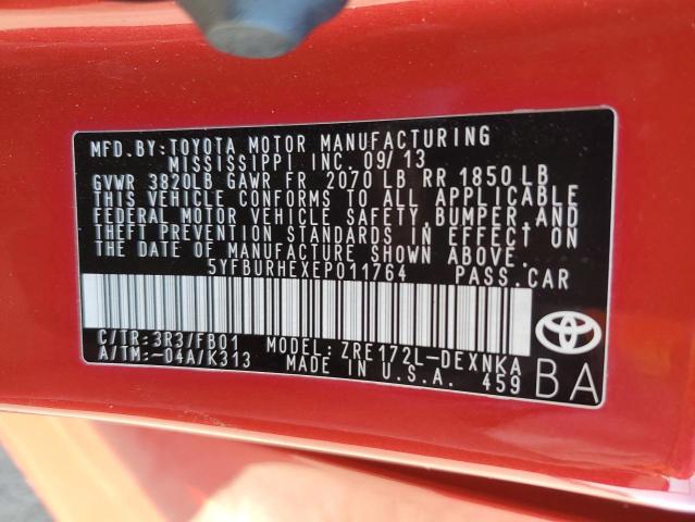 5YFBURHEXEP011764 - 2014 TOYOTA COROLLA L RED photo 12