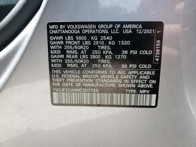 1V2JE2CA6NC207759 - 2022 VOLKSWAGEN ATLAS CROS SE SILVER photo 14