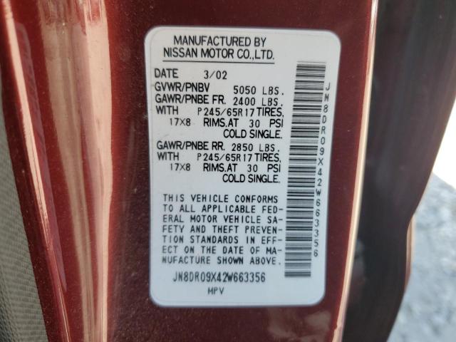 JN8DR09X42W663356 - 2002 NISSAN PATHFINDER LE BURGUNDY photo 12
