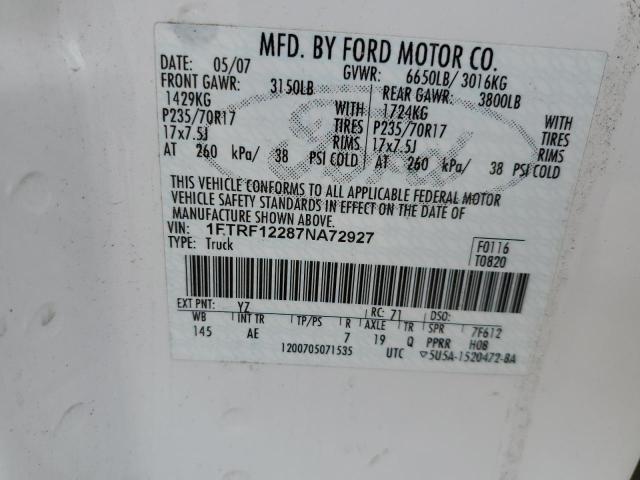 1FTRF12287NA72927 - 2007 FORD F150 WHITE photo 12