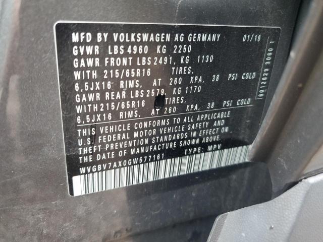 WVGBV7AX0GW577161 - 2016 VOLKSWAGEN TIGUAN S GRAY photo 13