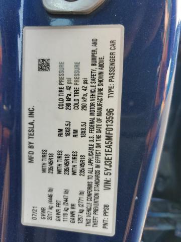 5YJ3E1EA5MF013596 - 2021 TESLA MODEL 3 Mavi fotoğraf 14