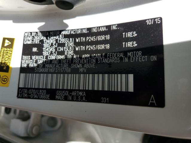 5TDKKRFH6FS117768 - 2015 TOYOTA HIGHLANDER XLE WHITE photo 13