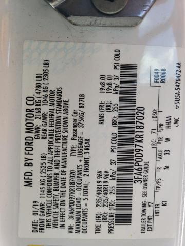 3FA6P0D97KR187020 - 2019 FORD FUSION TITANIUM თეთრი ფოტო 12