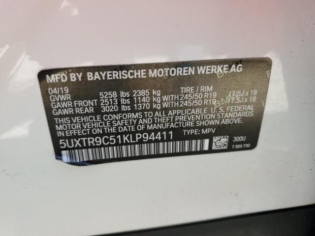 5UXTR9C51KLP94411 - 2019 BMW X3 XDRIVE30I WHITE photo 12