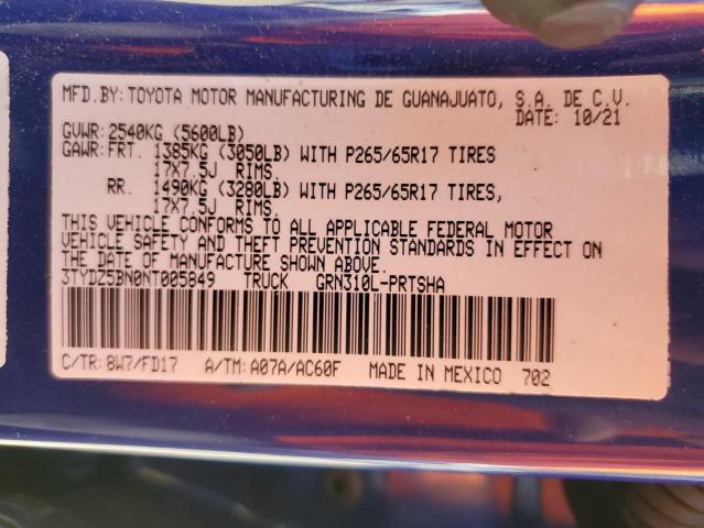3TYDZ5BN0NT005849 - 2022 TOYOTA TACOMA DOUBLE CAB BLUE photo 12