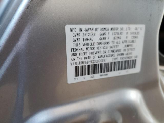 JHMGE8H53CC004687 - 2012 HONDA FIT SPORT SILVER photo 12