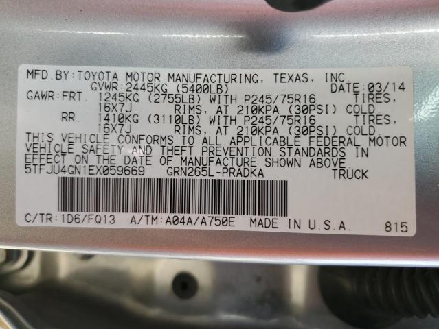 5TFJU4GN1EX059669 - 2014 TOYOTA TACOMA DOUBLE CAB PRERUNNER SILVER photo 13
