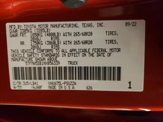 5TFMA5DB1NX056339 - 2022 TOYOTA TUNDRA CREWMAX PLATINUM Rot Foto 12