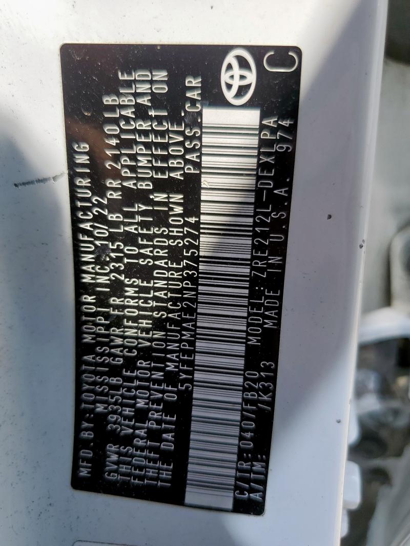 5YFEPMAE2NP375274 - 2022 TOYOTA COROLLA LE 白色 照片 13