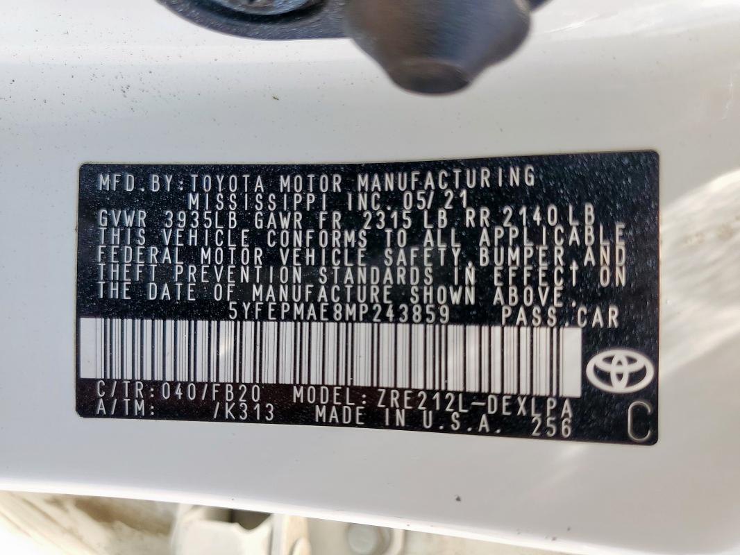 5YFEPMAE8MP243859 - 2021 TOYOTA COROLLA LE WHITE photo 12