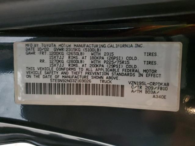 5TESN92N03Z169026 - 2003 TOYOTA TACOMA XTRACAB PRERUNNER Чорний фото 13