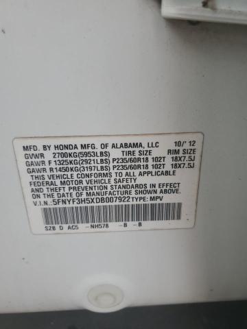 5FNYF3H5XDB007922 - 2013 HONDA PILOT EXL Blanco foto 13